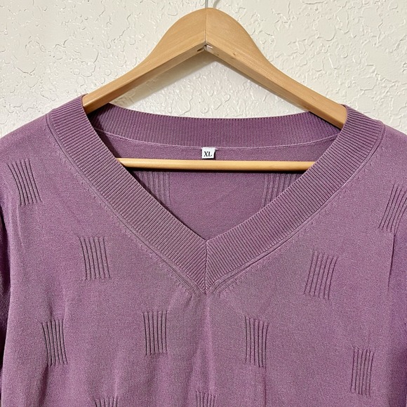 Womens V Neck Short Sleeve Knit Sweater Pullover Purple Textured Size XL - Picture 3 of 6